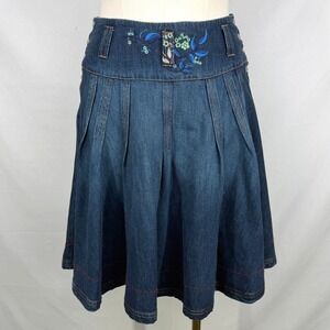 Vintage Oilily Boho Embroidered Pleated Denim Skirt Size 14 Cottagecore Folk